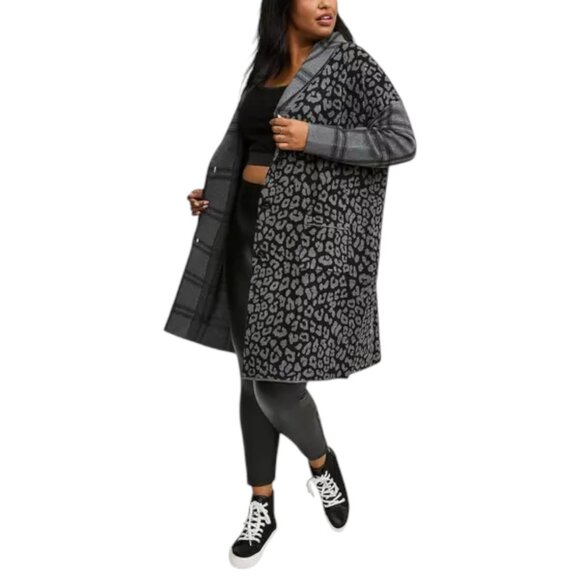 Torrid Luxe Cozy Jacquard Coatigan Leopard Print Patchwork Sz 1 14 - 16 - Picture 2 of 12